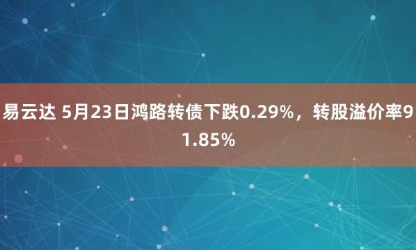 易云达 5月23日鸿路转债下跌0.29%，转股溢价率91.85%